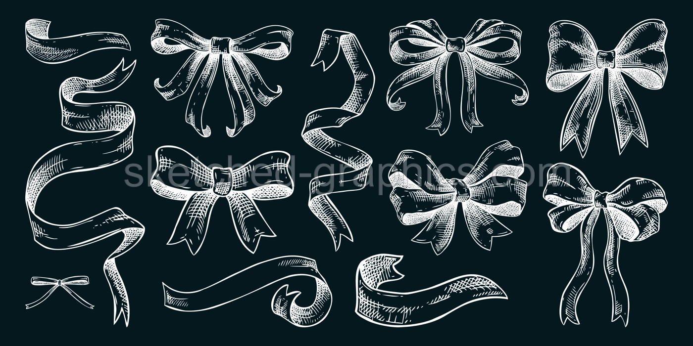 Coquette bow sketches. Rococo chalk drawing. Vintage baroque victorian ribbons. Japanese style hand-drawn illustrations. NOT AI generated Illustration